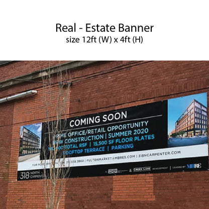 12x4 ft real estate banner on brick wall promoting upcoming retail/office space