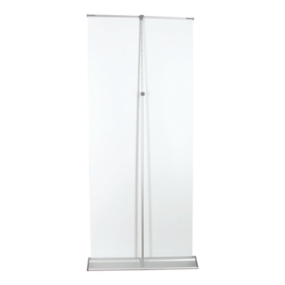 Back view of 33x80 inch luxury pull-up banner with adjustable support pole and wide waterdrop base