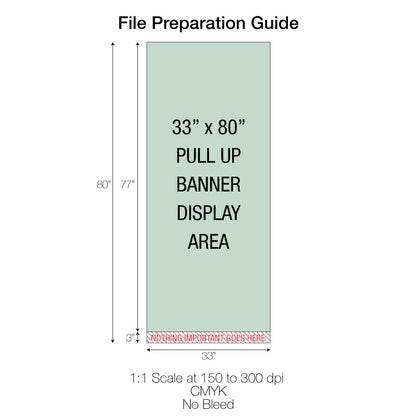33x80 inch pull-up banner file guide with 77-inch visible area and 3-inch non-print margin at bottom