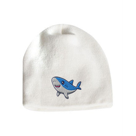 White acrylic knit beanie featuring a cute embroidered cartoon shark logo on the front.