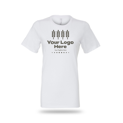 White Bella + Canvas BCB6400 ladies' jersey short-sleeve T-shirt with custom white logo and text.