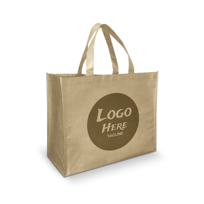Beige reusable tote bag with dual handles, featuring a large circular area on the front for a custom logo and tagline