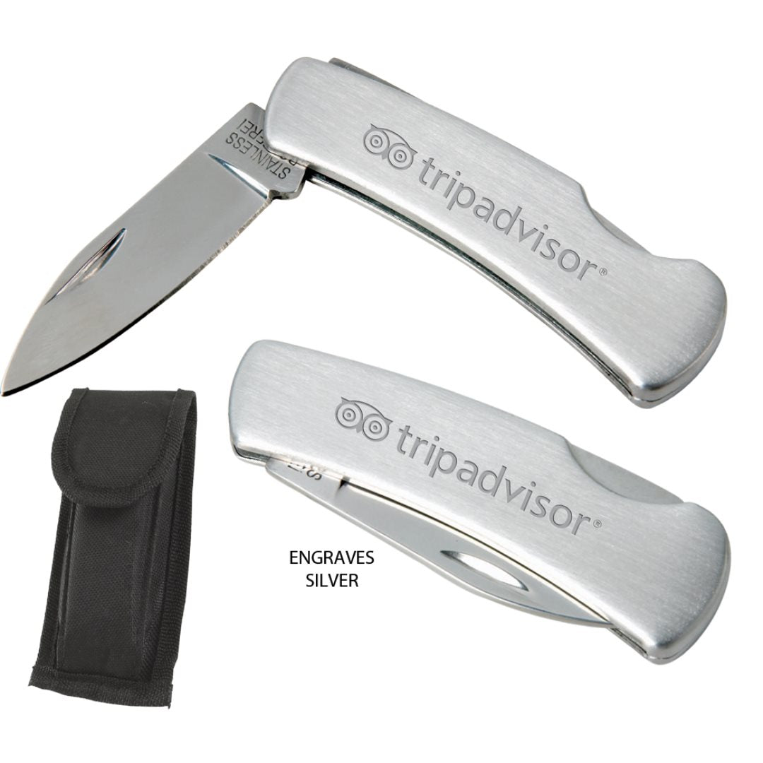 Traditional Pocket Knife with stainless steel handle engraved with a custom 'Tripadvisor' logo in silver, shown both open and closed, accompanied by a black carrying pouch.