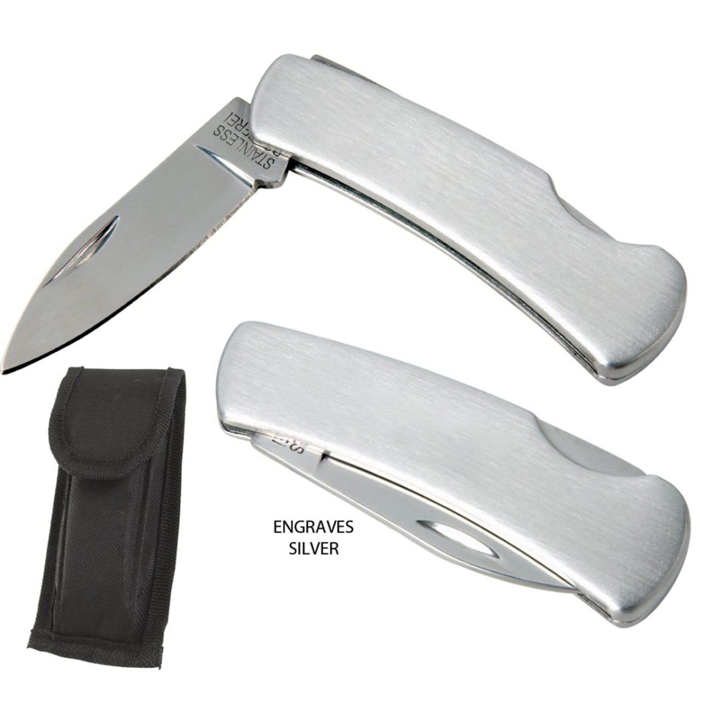 Traditional Pocket Knife with brushed stainless steel handle, shown open and closed, includes a black fabric carrying pouch; blank surface ready for custom laser engraving