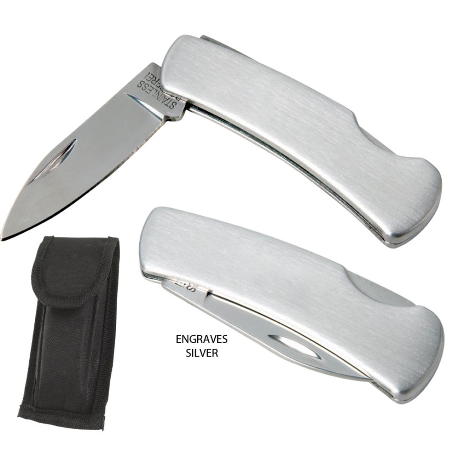 Traditional Pocket Knife with brushed stainless steel handle, shown open and closed, includes a black fabric carrying pouch; blank surface ready for custom laser engraving
