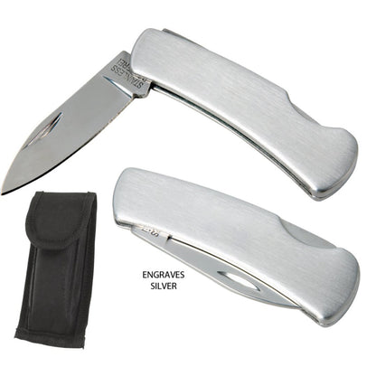 Traditional Pocket Knife with brushed stainless steel handle, shown open and closed, includes a black fabric carrying pouch; blank surface ready for custom laser engraving