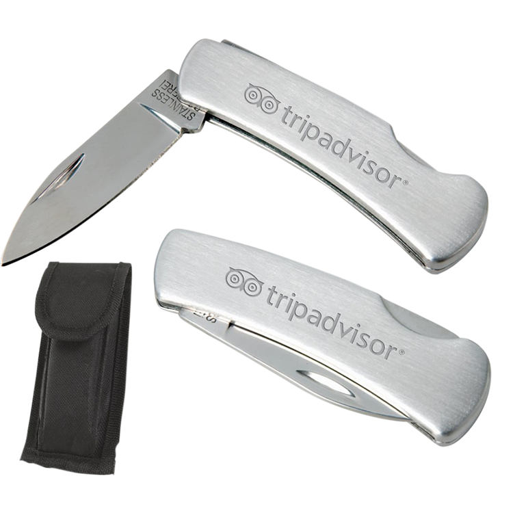 Traditional Pocket Knife with stainless steel handle engraved with a custom 'Tripadvisor' logo in silver, shown both open and closed, accompanied by a black carrying pouch.