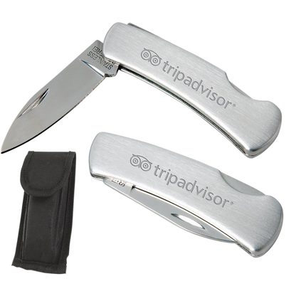 Traditional Pocket Knife with stainless steel handle engraved with a custom 'Tripadvisor' logo in silver, shown both open and closed, accompanied by a black carrying pouch.
