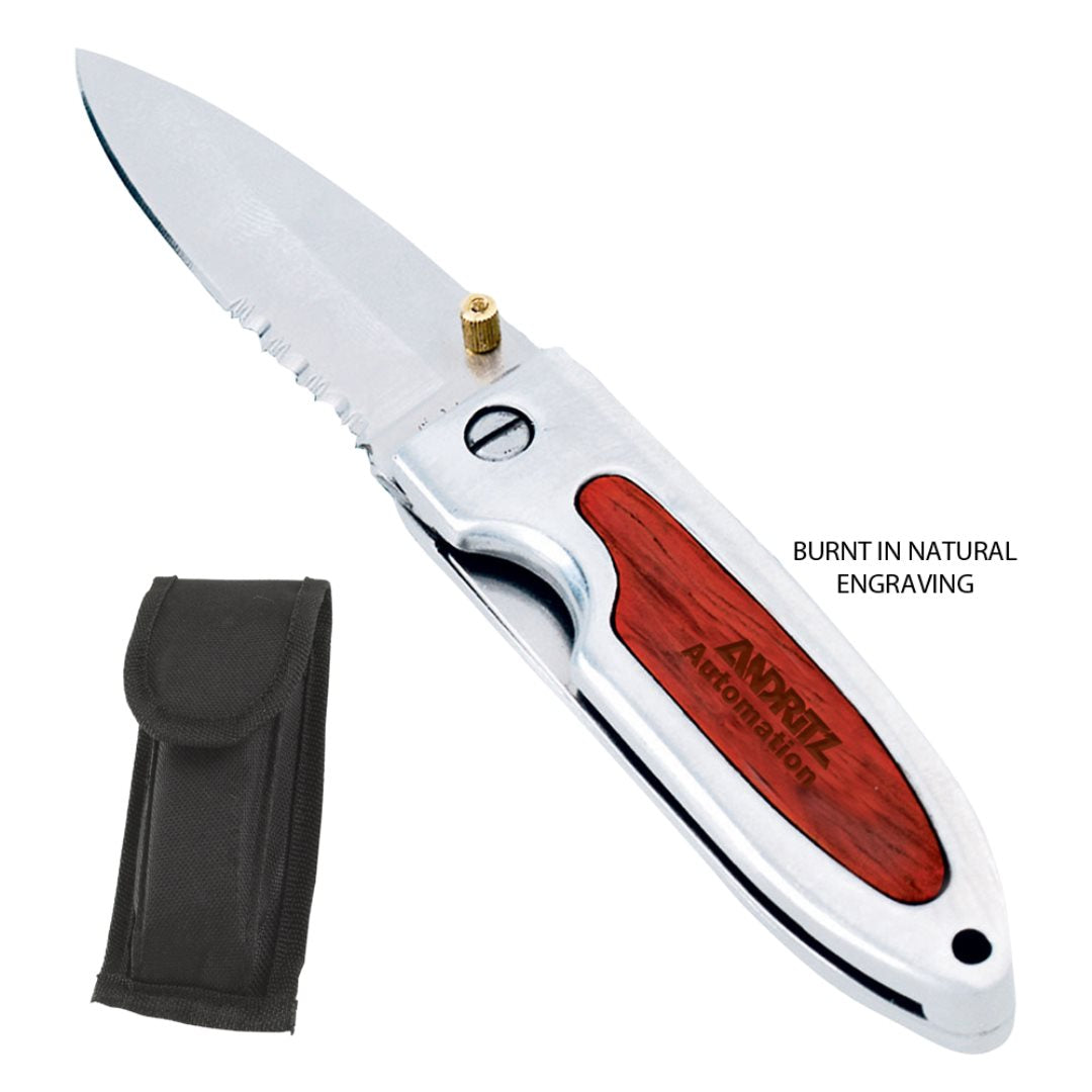 Rosewood Knife featuring a stainless steel blade with partially serrated edge, silver handle inlaid with engraved rosewood panel, and a custom 'ANDRITZ Automation' burnt-in logo; includes a black nylon carrying pouch.