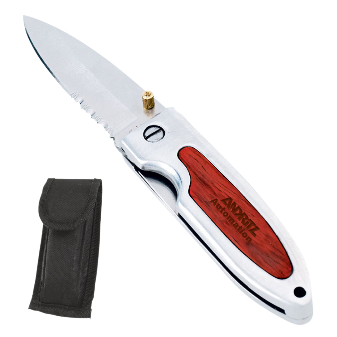Rosewood Knife featuring a stainless steel blade with partially serrated edge, silver handle inlaid with engraved rosewood panel, and a custom 'ANDRITZ Automation' burnt-in logo; includes a black nylon carrying pouch.
