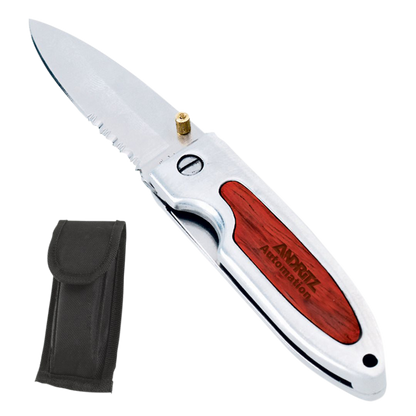 Rosewood Knife featuring a stainless steel blade with partially serrated edge, silver handle inlaid with engraved rosewood panel, and a custom 'ANDRITZ Automation' burnt-in logo; includes a black nylon carrying pouch.
