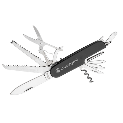 Heritage Pocket Knife with multiple stainless steel tools including blades, saw, scissors, corkscrew, and bottle opener, featuring a sleek black handle customized with the 'crunchyroll' logo