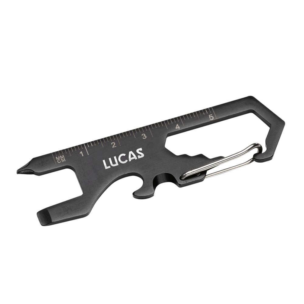 Claude Multi Tool with built-in ruler in black stainless steel, featuring multiple functions including bottle opener, screwdriver, wrench slots, and carabiner clip; customized with 'LUCAS' logo