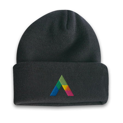 Black acrylic roll-up knit toque beanie featuring a multicolored embroidered geometric logo on the front cuff.
