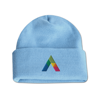 Light blue acrylic roll-up knit toque beanie featuring a multicolored embroidered geometric logo on the front cuff.