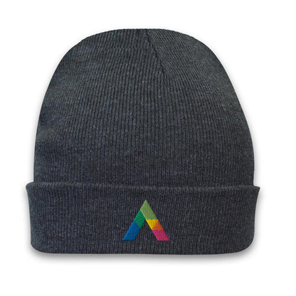Charcoal acrylic roll-up knit toque beanie featuring a multicolored embroidered geometric logo on the front cuff.