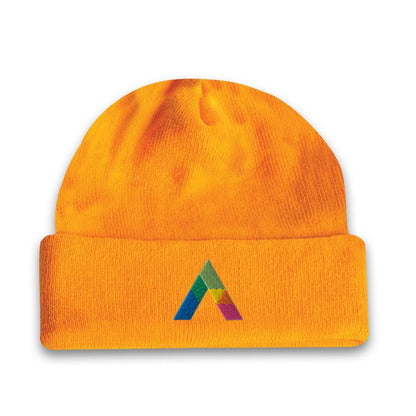 Gold yellow acrylic roll-up knit toque beanie featuring a multicolored embroidered geometric logo on the front cuff.