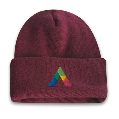 Maroon acrylic roll-up knit toque beanie featuring a multicolored embroidered geometric logo on the front cuff.