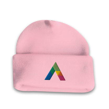 Pink acrylic roll-up knit toque beanie featuring a multicolored embroidered geometric logo on the front cuff.