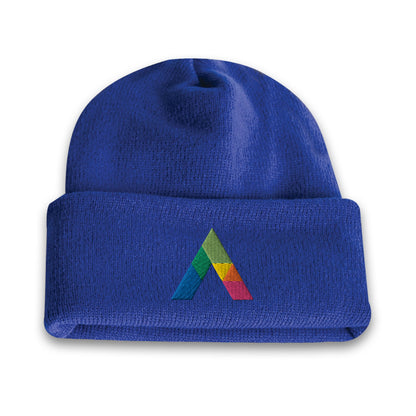 Royal blue acrylic roll-up knit toque beanie featuring a multicolored embroidered geometric logo on the front cuff.