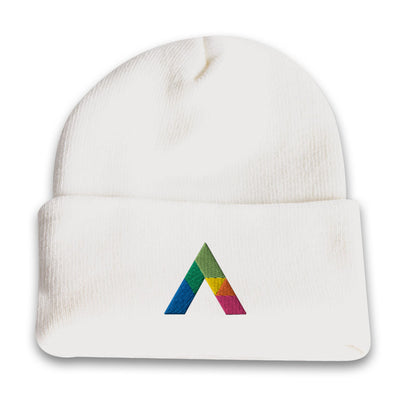 White acrylic roll-up knit toque beanie featuring a multicolored embroidered geometric logo on the front cuff.
