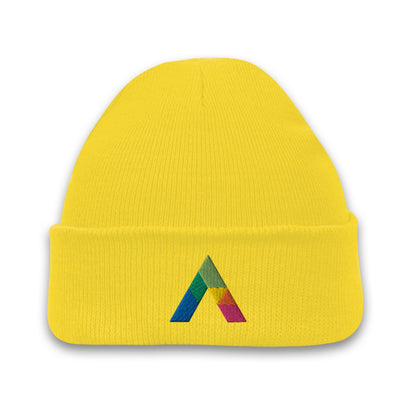 Yellow acrylic roll-up knit toque beanie featuring a multicolored embroidered geometric logo on the front cuff.