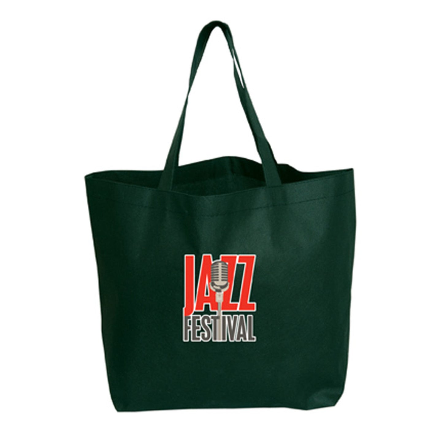 Dark green reusable tote bag with two handles, featuring a bold 'JAZZ FESTIVAL' logo in red and black with a vintage microphone graphic