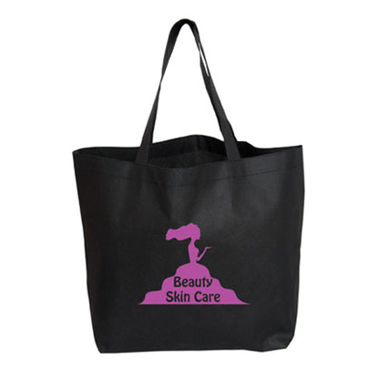 Black reusable tote bag with long handles and a pink Beauty Skin Care logo featuring a silhouette of a woman 