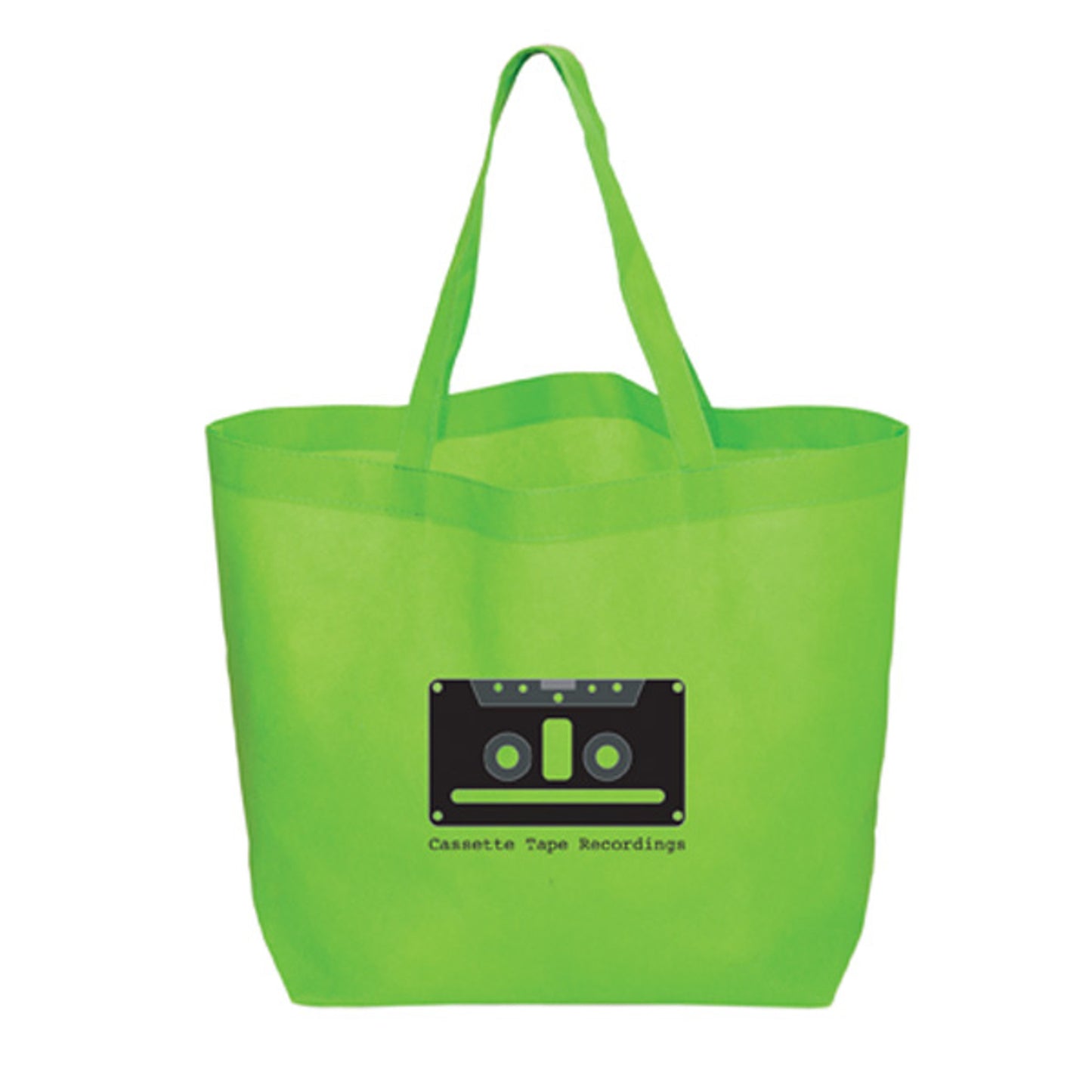 Bright green reusable tote bag with two handles, featuring a black cassette tape graphic and the text "Cassette Tape Recordings" printed below it