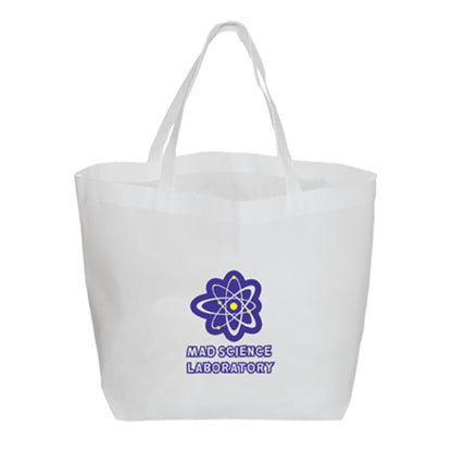 White reusable tote bag with long handles, featuring a blue and yellow atomic-themed logo and 'Mad Science Laboratory' text
