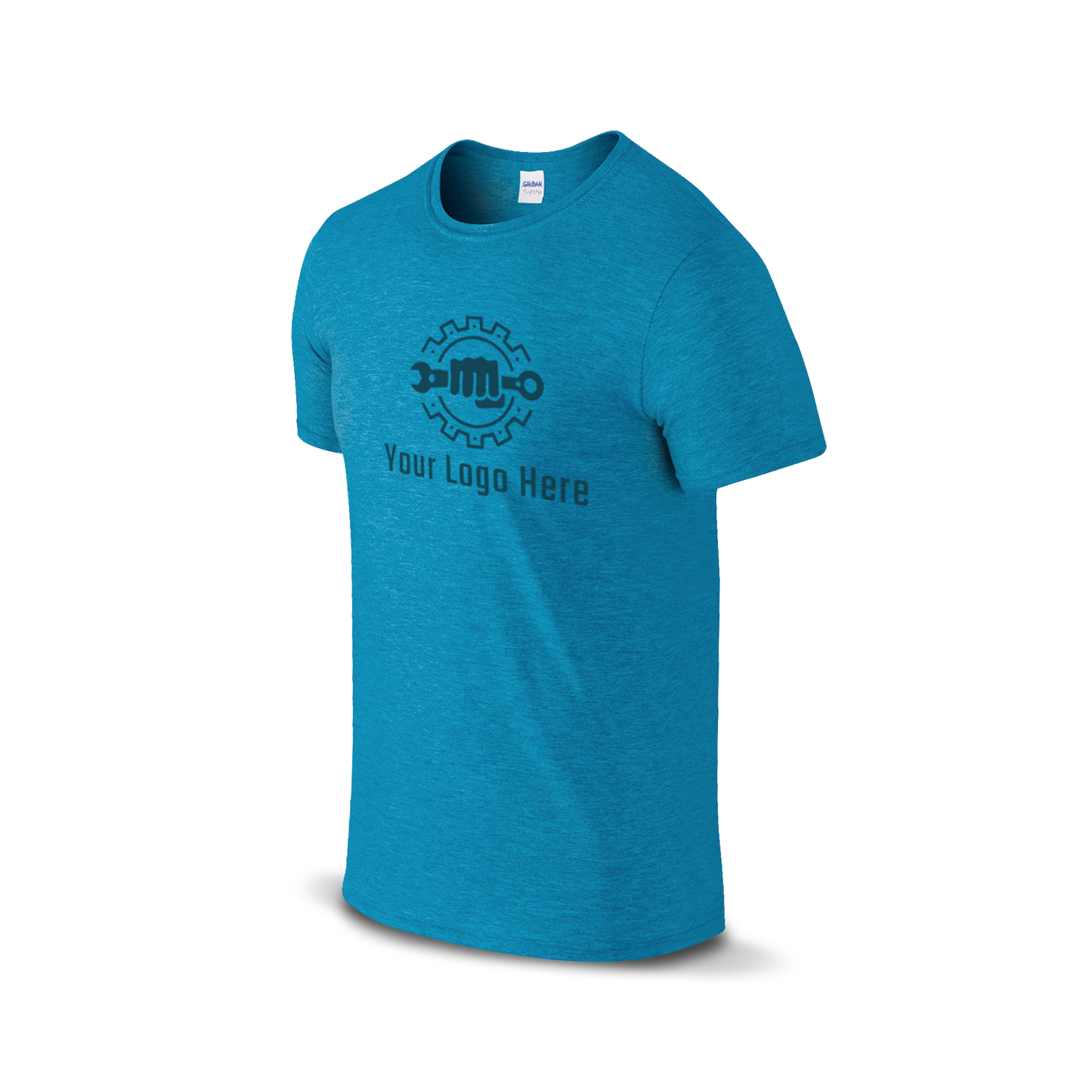 Antique sapphire Gildan T-shirt with customizable logo and wrench design.