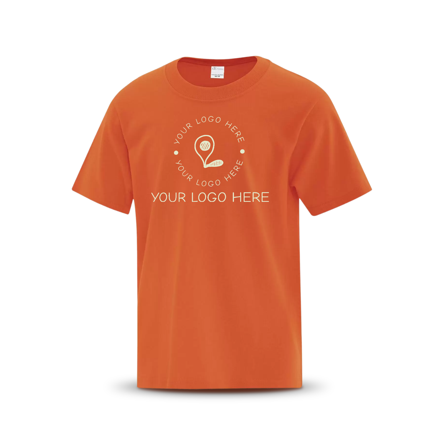 Orange custom T-shirt with placeholder logo and text in white.