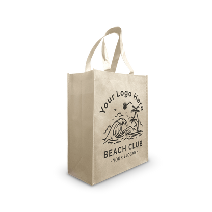 Beige reusable tote bag with beach-themed custom logo design.