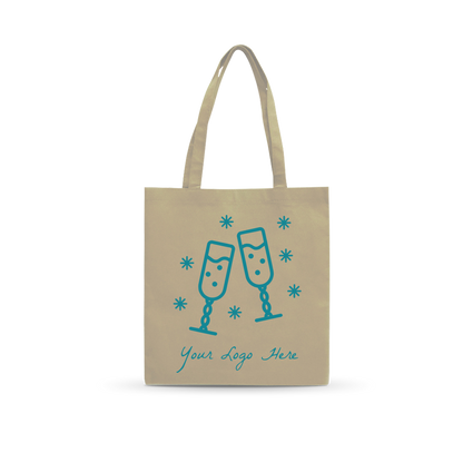 Beige reusable tote bag with champagne glasses and custom logo design.