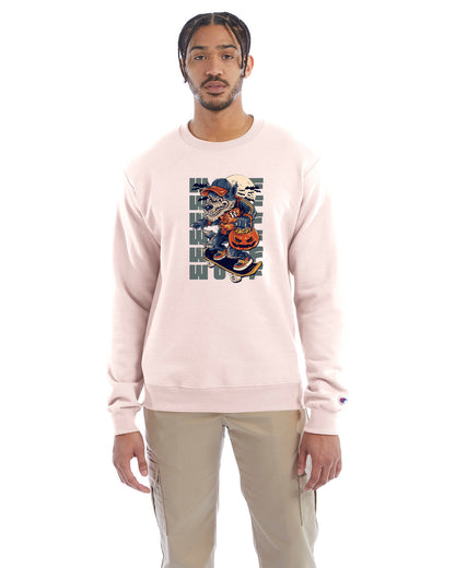 Body blush crewneck sweatshirt with a Halloween-themed graphic of a cartoon werewolf skateboarding with a pumpkin basket, worn by a model in beige pants.