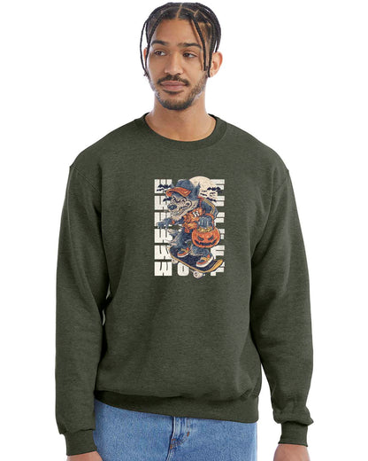 Dark green crewneck sweatshirt with a Halloween-themed graphic of a cartoon werewolf skateboarding with a pumpkin basket, worn by a model in beige pants.