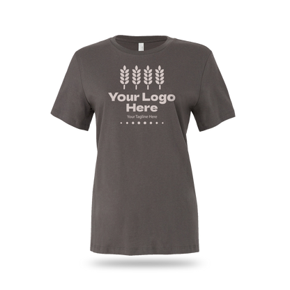 Asphalt Bella + Canvas BCB6400 ladies' jersey short-sleeve T-shirt with custom white logo and text.