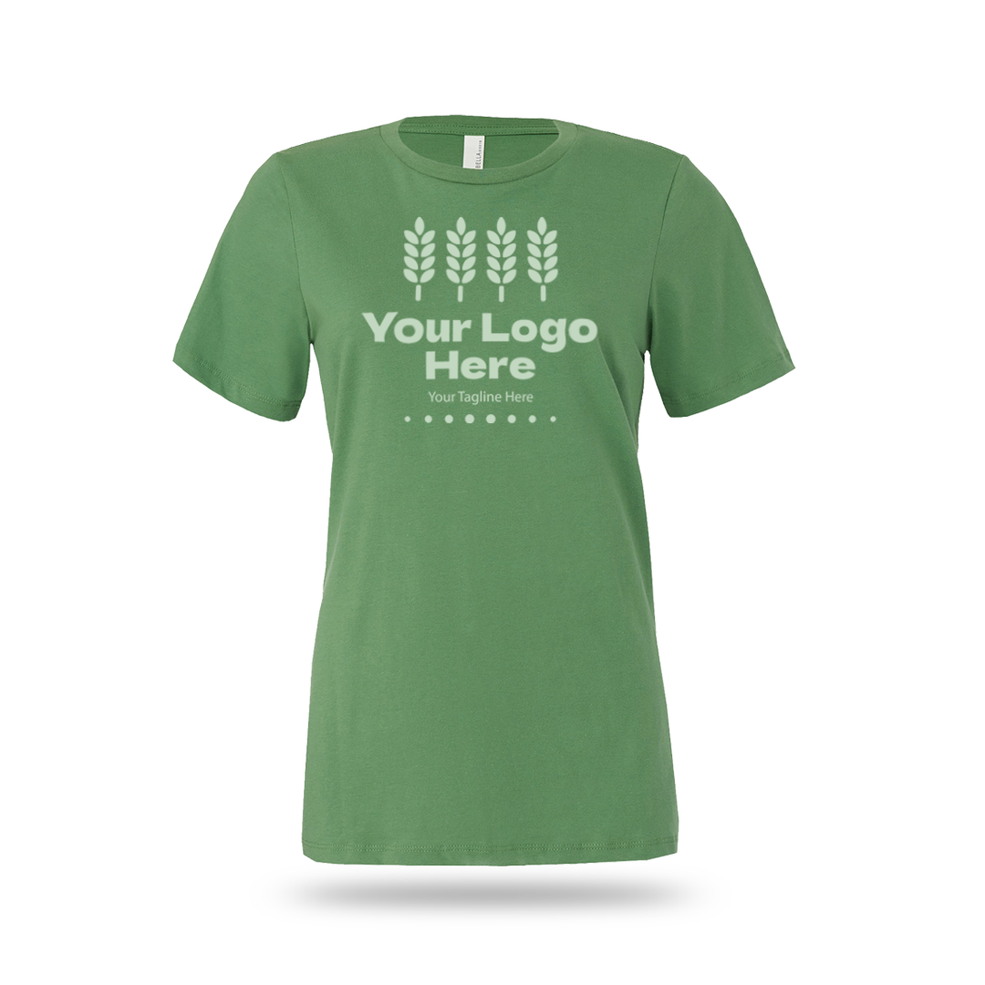 Leaf Bella + Canvas BCB6400 ladies' jersey short-sleeve T-shirt with custom white logo and text.