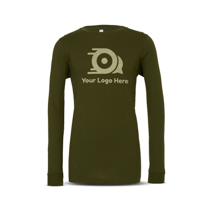 Olive long-sleeve unisex T-shirt with custom logo on the front.