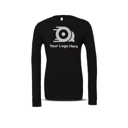Black long-sleeve unisex T-shirt with custom logo on the front.
