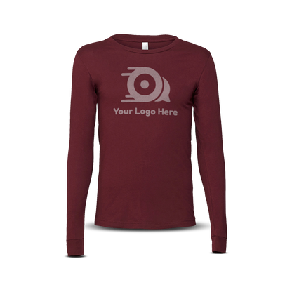 Cardinal red long-sleeve unisex T-shirt with custom logo on the front.