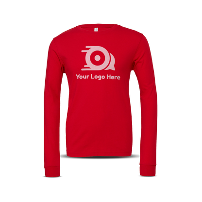 Red long-sleeve unisex T-shirt with custom logo on the front.