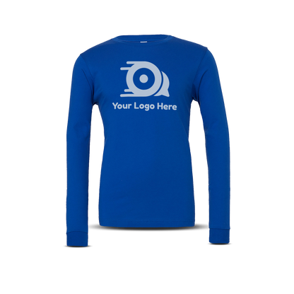 Royal blue long-sleeve unisex T-shirt with custom white logo on the front.