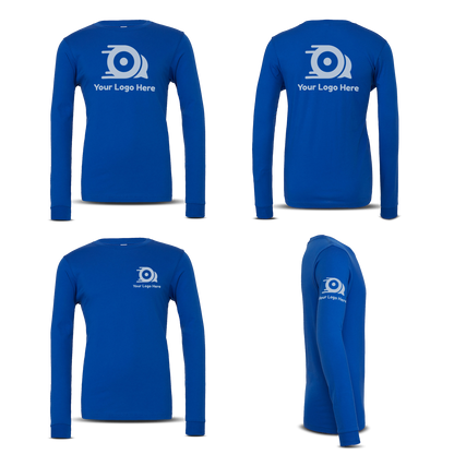 Royal blue long-sleeve T-shirt shown from front, back, side, and angled views with white custom logo prints.