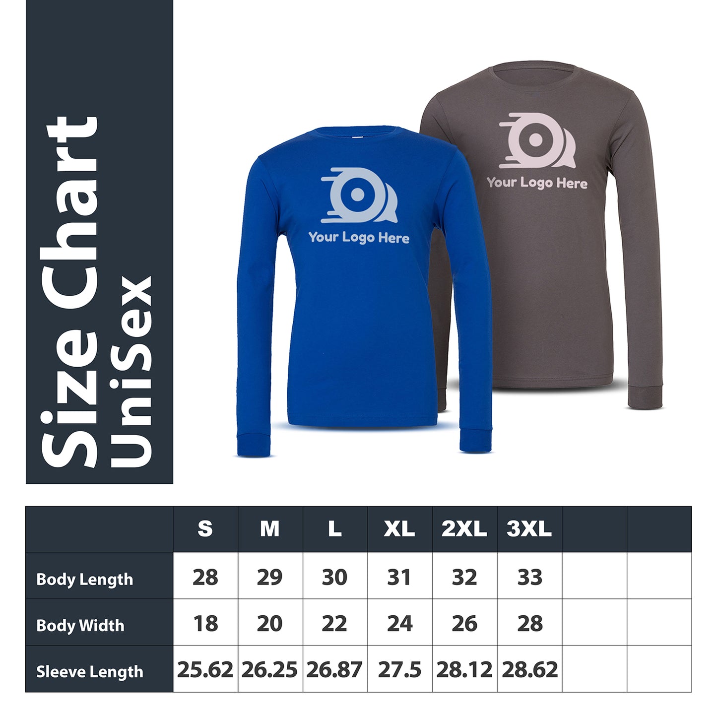 Unisex size chart for long-sleeve T-shirts with two shirt samples—royal blue and dark gray—displayed above a measurement table listing body length, body width, and sleeve length from size S to 3XL