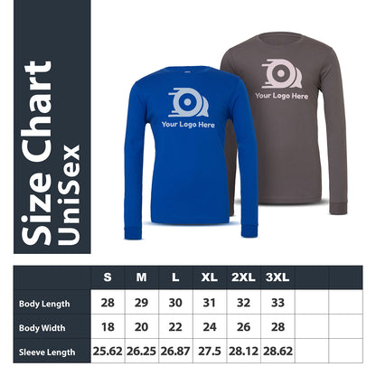 Unisex size chart for long-sleeve T-shirts with two shirt samples—royal blue and dark gray—displayed above a measurement table listing body length, body width, and sleeve length from size S to 3XL