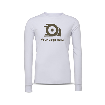 White long-sleeve unisex T-shirt with custom logo on the front.