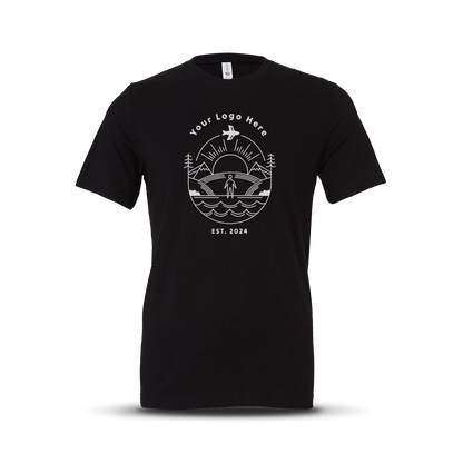 Black short-sleeve crewneck t-shirt with custom white outdoor-themed logo design centered on the chest.