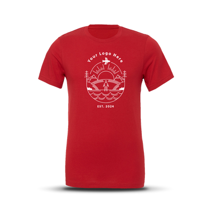 Red short-sleeve crewneck t-shirt with custom white outdoor-themed logo design centered on the chest.
