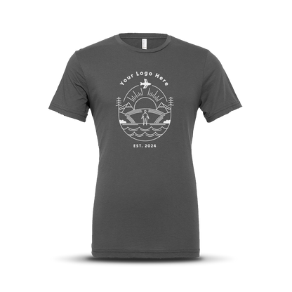 Charcoal short-sleeve crewneck t-shirt with custom white outdoor-themed logo design centered on the chest.